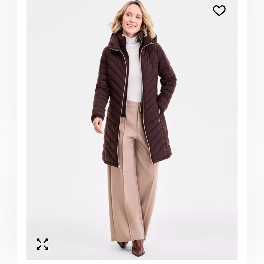 Michael Kors Quilted Hooded Long Puffer Coat in chocolate brown
